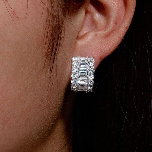 Emerald Cut Triple Row Hoop Earrings in Sterling Silver with Rhodium Finish