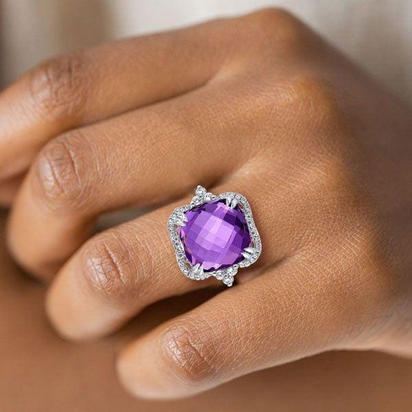 Cushion Cut Created Amethyst Engagement Ring in Sterling Silver
