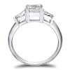 Emerald Cut Three Stone Engagement Ring in Rhodium Plated Sterling Silver