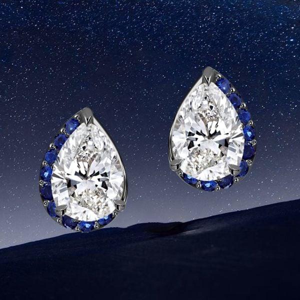 Black Plated Sterling Silver Pear Cut Stud Earrings with Half-Halo Accent for Women