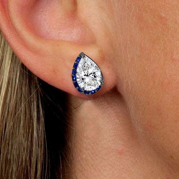 Black Plated Sterling Silver Pear Cut Stud Earrings with Half-Halo Accent for Women