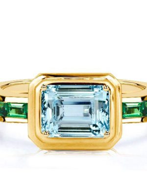 Emerald Cut Aquamarine Ring - Vintage Bezel Setting - 18K Gold Plated Silver