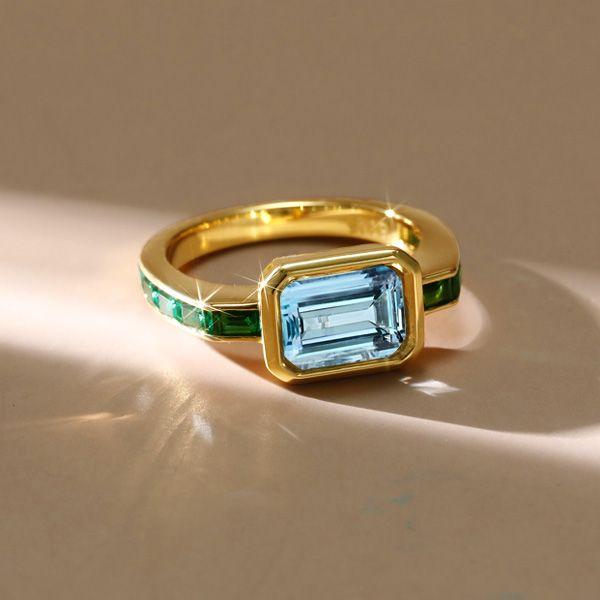 Emerald Cut Aquamarine Ring - Vintage Bezel Setting - 18K Gold Plated Silver