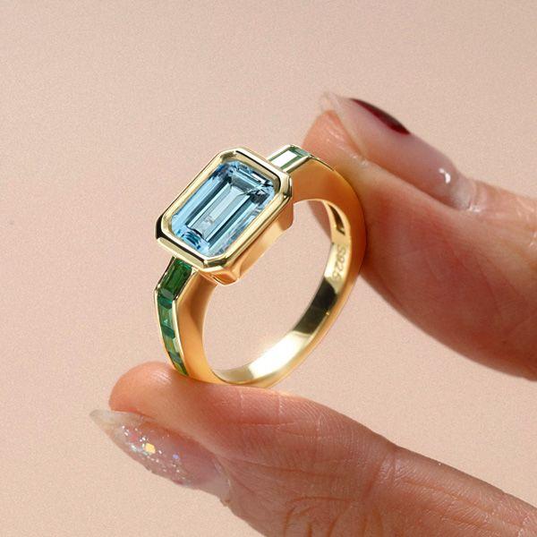 Emerald Cut Aquamarine Ring - Vintage Bezel Setting - 18K Gold Plated Silver
