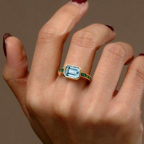 Emerald Cut Aquamarine Ring - Vintage Bezel Setting - 18K Gold Plated Silver