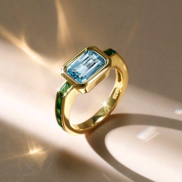Emerald Cut Aquamarine Ring - Vintage Bezel Setting - 18K Gold Plated Silver