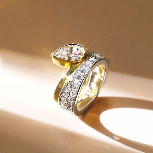 Pear Cut Two-Tone Engagement Ring Set - Sterling Silver Bridal Set