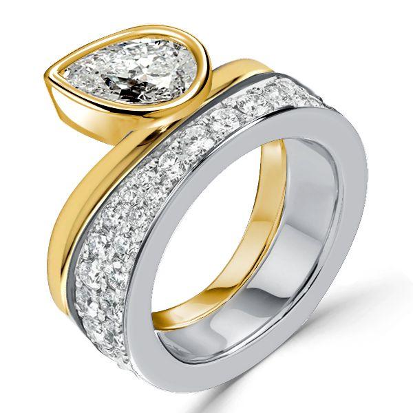 Pear Cut Two-Tone Engagement Ring Set - Sterling Silver Bridal Set