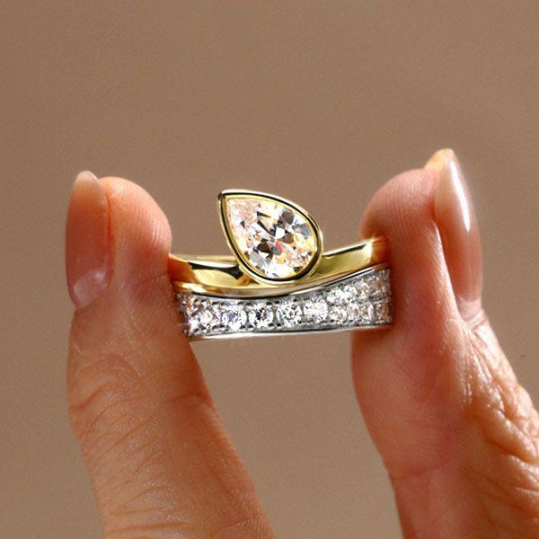 Pear Cut Two-Tone Engagement Ring Set - Sterling Silver Bridal Set