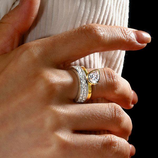 Pear Cut Two-Tone Engagement Ring Set - Sterling Silver Bridal Set