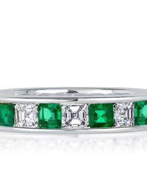 Asscher Cut Emerald Green Eternity Band Ring in Sterling Silver for Women