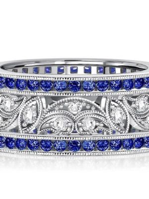 Art Deco Blue Sapphire Vintage Wedding Band in 925 Sterling Silver