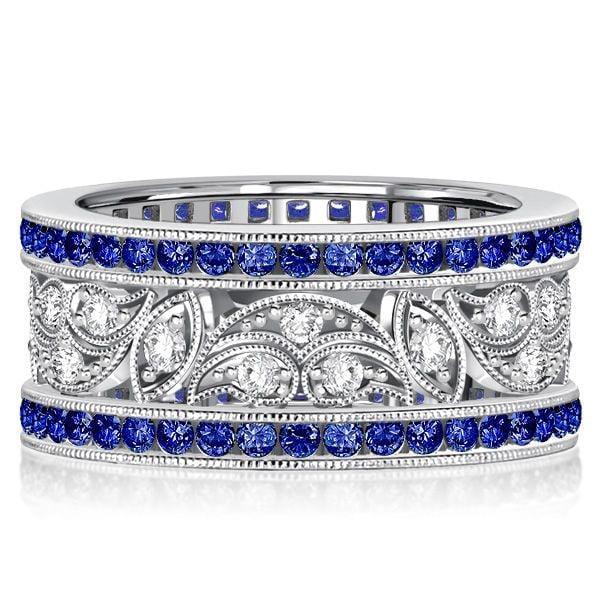 Art Deco Blue Sapphire Vintage Wedding Band in 925 Sterling Silver