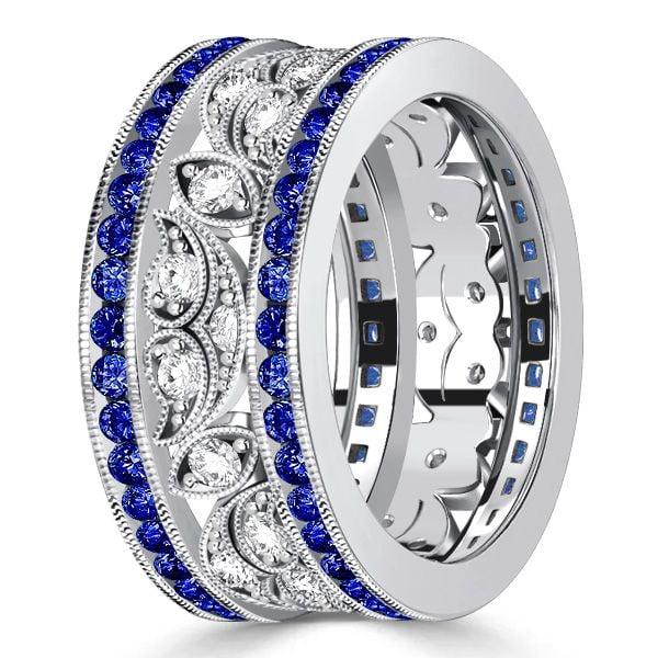 Art Deco Blue Sapphire Vintage Wedding Band in 925 Sterling Silver