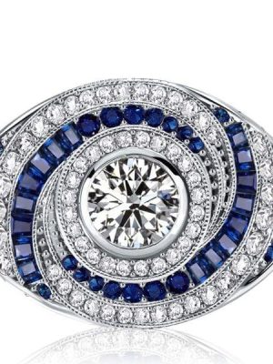 Spiral Design White & Blue Sapphire Engagement Cocktail Ring in Sterling Silver