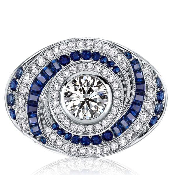 Spiral Design White & Blue Sapphire Engagement Cocktail Ring in Sterling Silver