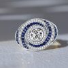 Spiral Design White & Blue Sapphire Engagement Cocktail Ring in Sterling Silver