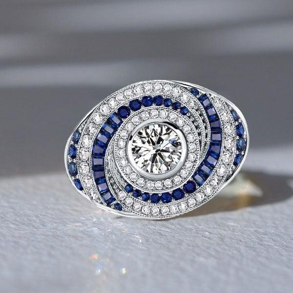 Spiral Design White & Blue Sapphire Engagement Cocktail Ring in Sterling Silver