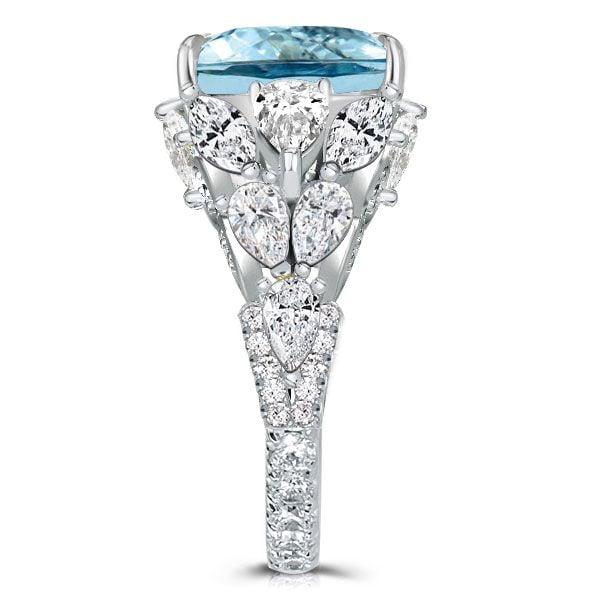 Radiant Cut Aquamarine 3 Stone Ring in Rhodium Plated Sterling Silver