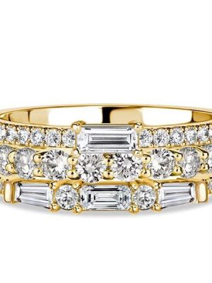 Stackable Ring Set for Women: 18K Gold Plated Sterling Silver with Baguette and Round Cuts