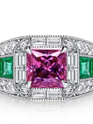 Pink Sapphire & Emerald Cocktail Ring - 925 Sterling Silver