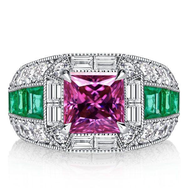 Pink Sapphire & Emerald Cocktail Ring - 925 Sterling Silver