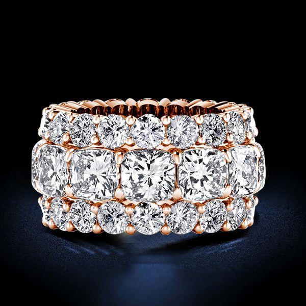 Rose Gold Triple Row Cushion Cut White Sapphire Eternity Wedding Band