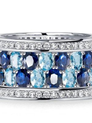 Oval Aquamarine Ring - 925 Sterling Silver Multi-Row Wedding Band for Women
