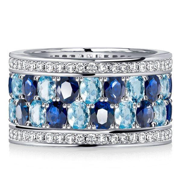 Oval Aquamarine Ring - 925 Sterling Silver Multi-Row Wedding Band for Women