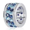 Oval Aquamarine Ring - 925 Sterling Silver Multi-Row Wedding Band for Women