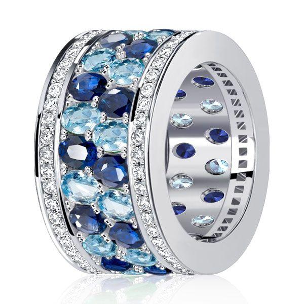 Oval Aquamarine Ring - 925 Sterling Silver Multi-Row Wedding Band for Women