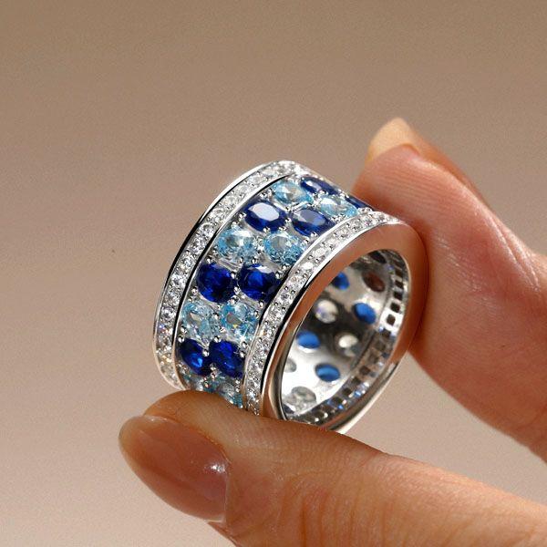 Oval Aquamarine Ring - 925 Sterling Silver Multi-Row Wedding Band for Women