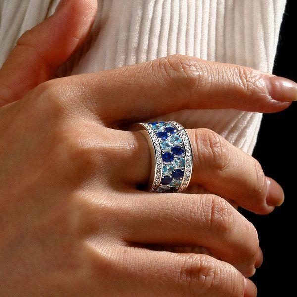 Oval Aquamarine Ring - 925 Sterling Silver Multi-Row Wedding Band for Women