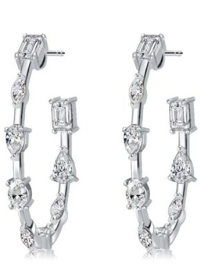 Multi Cut White Sapphire Hoop Earrings for Women in Rhodium Plated Sterling Silver