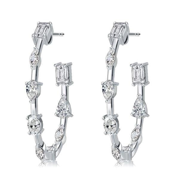 Multi Cut White Sapphire Hoop Earrings for Women in Rhodium Plated Sterling Silver