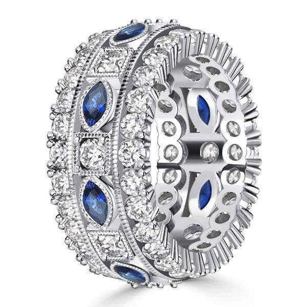 Blue Marquise & Round Cut Simulated Diamond Eternity Band in Sterling Silver