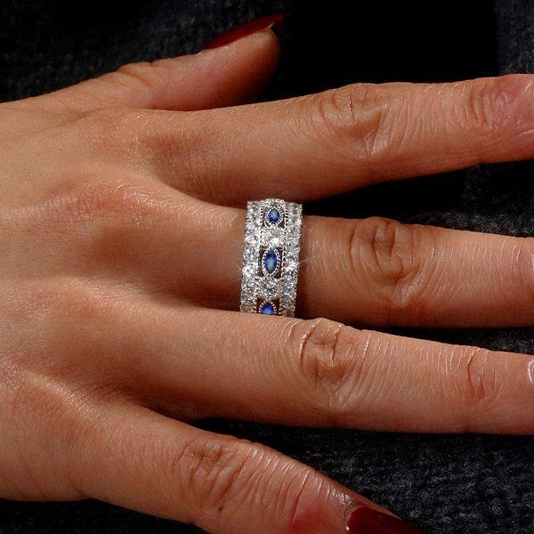 Blue Marquise & Round Cut Simulated Diamond Eternity Band in Sterling Silver