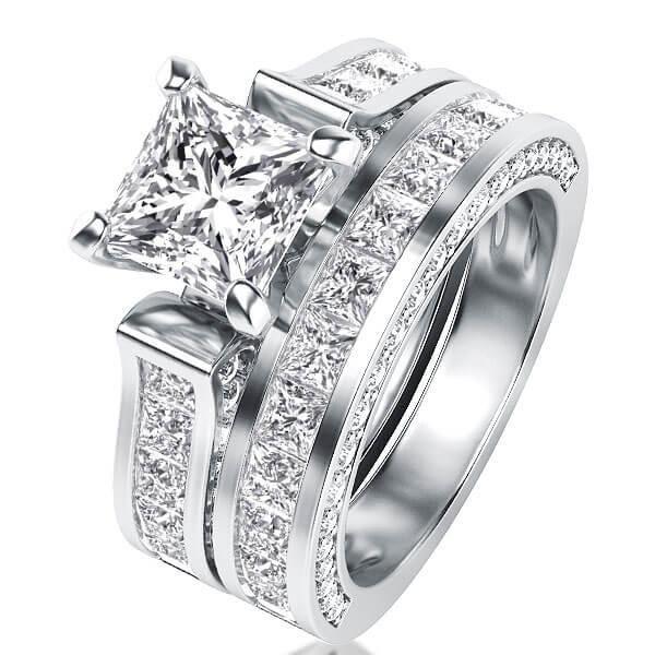 Royal Design White Sapphire Bridal Ring Set - 925 Sterling Silver