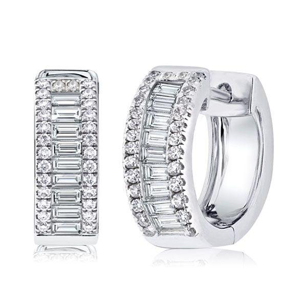 Sterling Silver Baguette and Round Triple Row Hoop Earrings, 1.74 CT. TW.