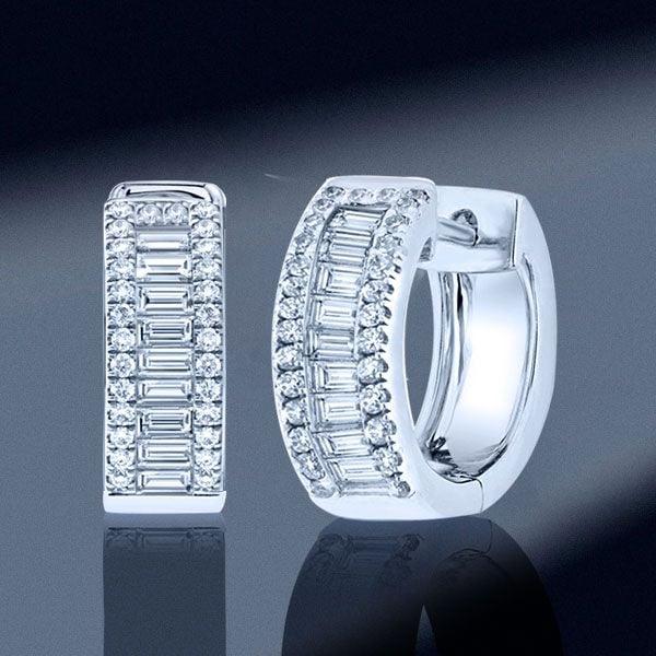 Sterling Silver Baguette and Round Triple Row Hoop Earrings, 1.74 CT. TW.