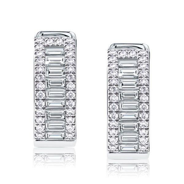 Sterling Silver Baguette and Round Triple Row Hoop Earrings, 1.74 CT. TW.
