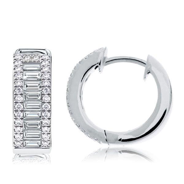 Sterling Silver Baguette and Round Triple Row Hoop Earrings, 1.74 CT. TW.