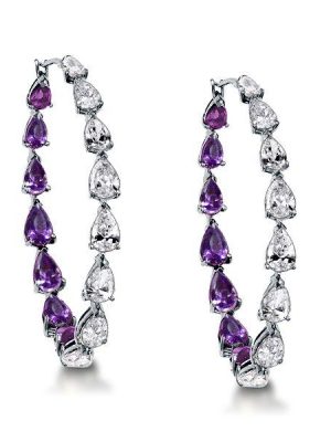 Pear Cut Created Amethyst Hoop Earrings in Sterling Silver
