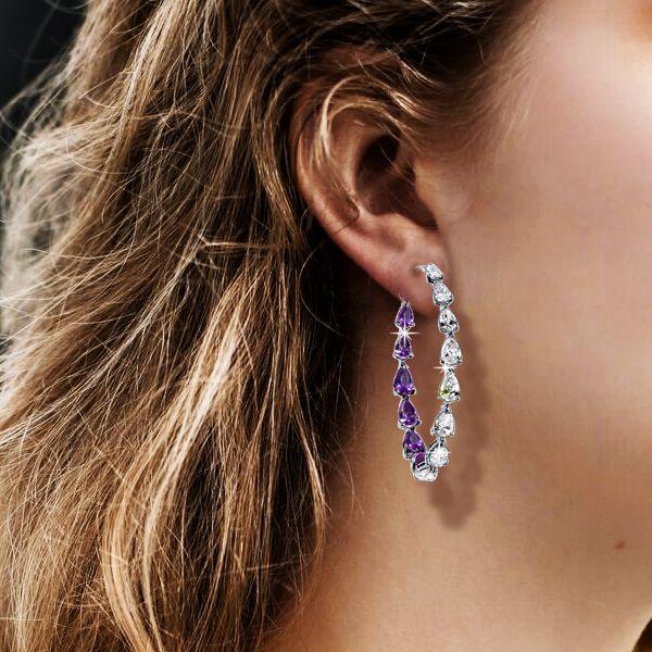 Pear Cut Created Amethyst Hoop Earrings in Sterling Silver