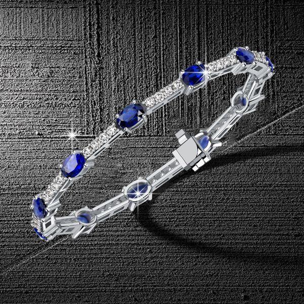 Blue Sapphire Tennis Bracelet in Sterling Silver - Oval Cut