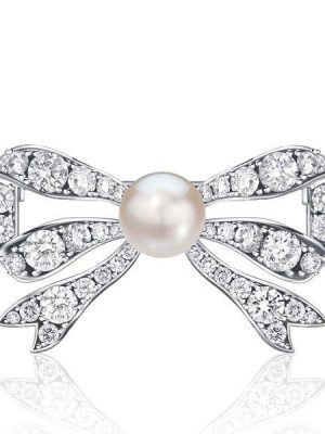 Sterling Silver Bow Brooch with Pearl & White Sapphire Accents