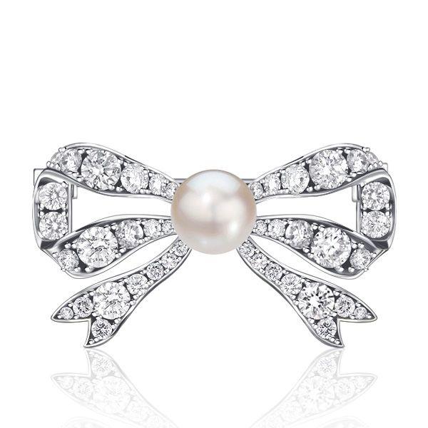 Sterling Silver Bow Brooch with Pearl & White Sapphire Accents