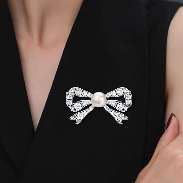 Sterling Silver Bow Brooch with Pearl & White Sapphire Accents