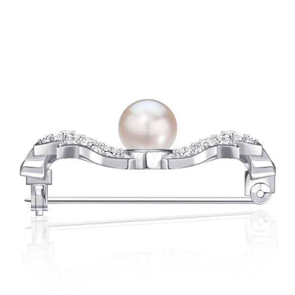 Sterling Silver Bow Brooch with Pearl & White Sapphire Accents