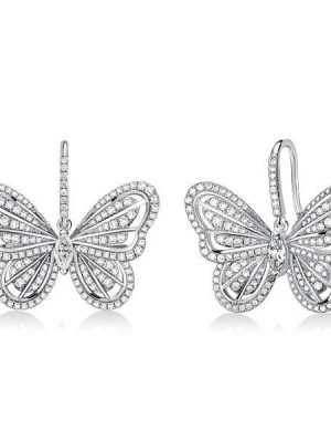Sterling Silver Butterfly Drop Earrings with White Sapphire Accents for Women